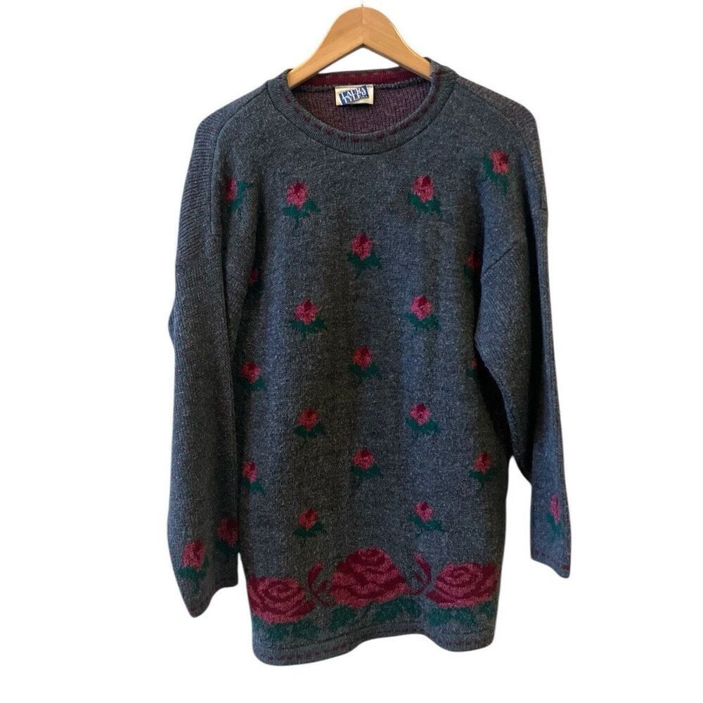 Laura Tyler Womens Acrylic Tunic Sweater Sz L-XL  Knit Gray Red Flowers USA